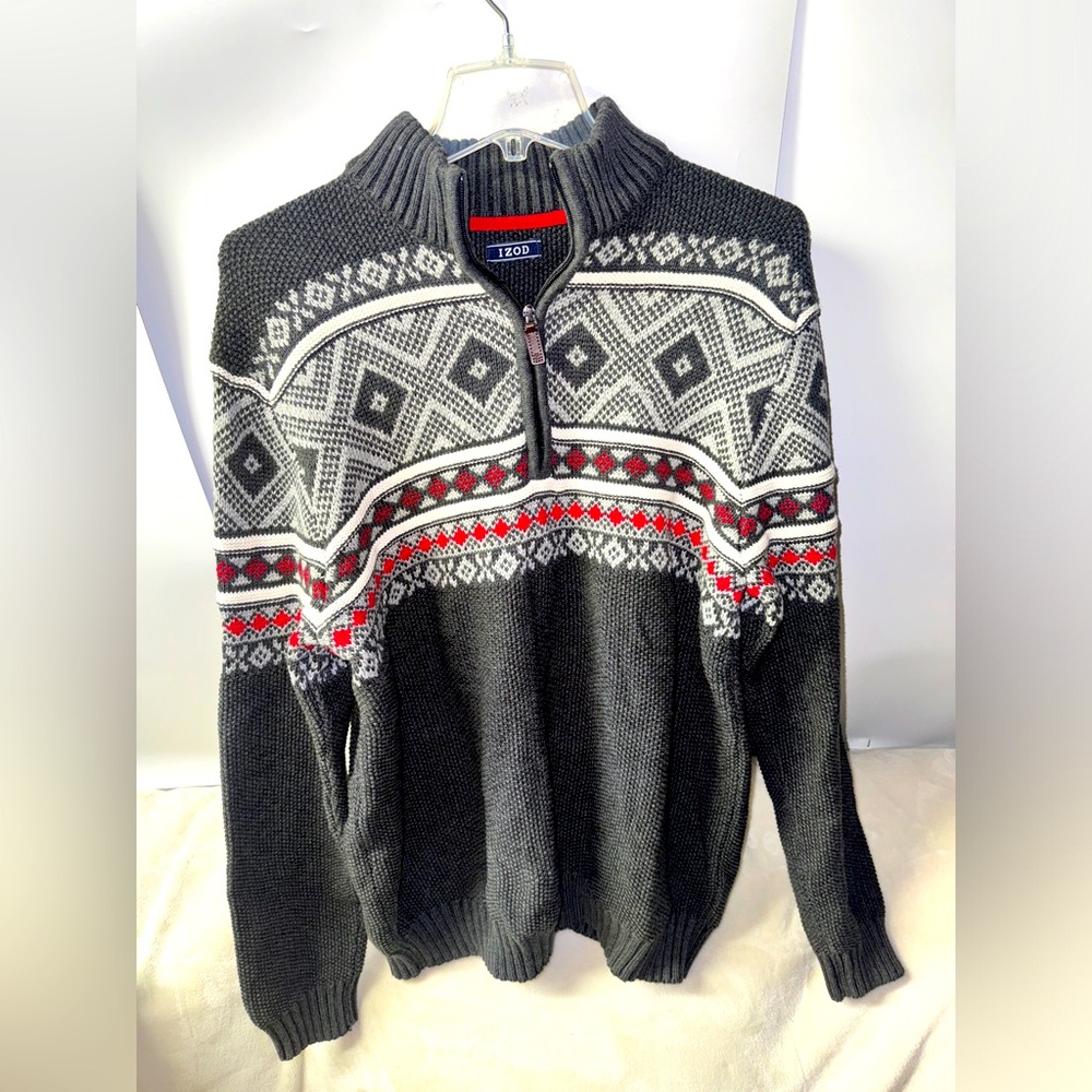 Izod Men’s Fair Isles Sweater Size L Gray 1/4 Zip Pullover Mock Neck Knit Nordic - Picture 1 of 7